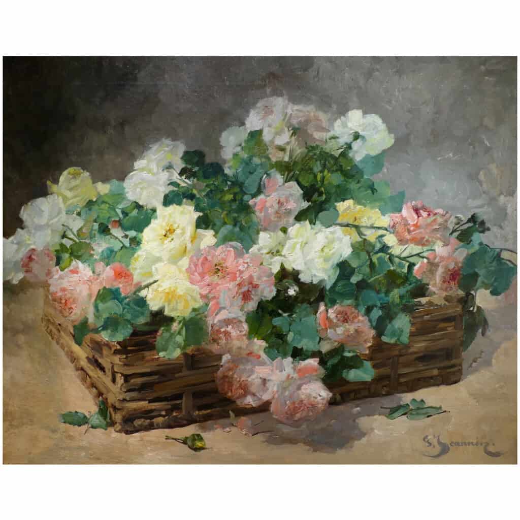 JEANNIN Georges Peinture Française 19è siècle Panier de roses Huile sur toile signée 12