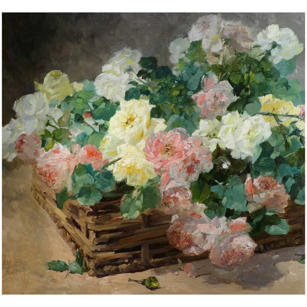 JEANNIN Georges French painting 19th century Basket of roses Oil on canvas signed 13