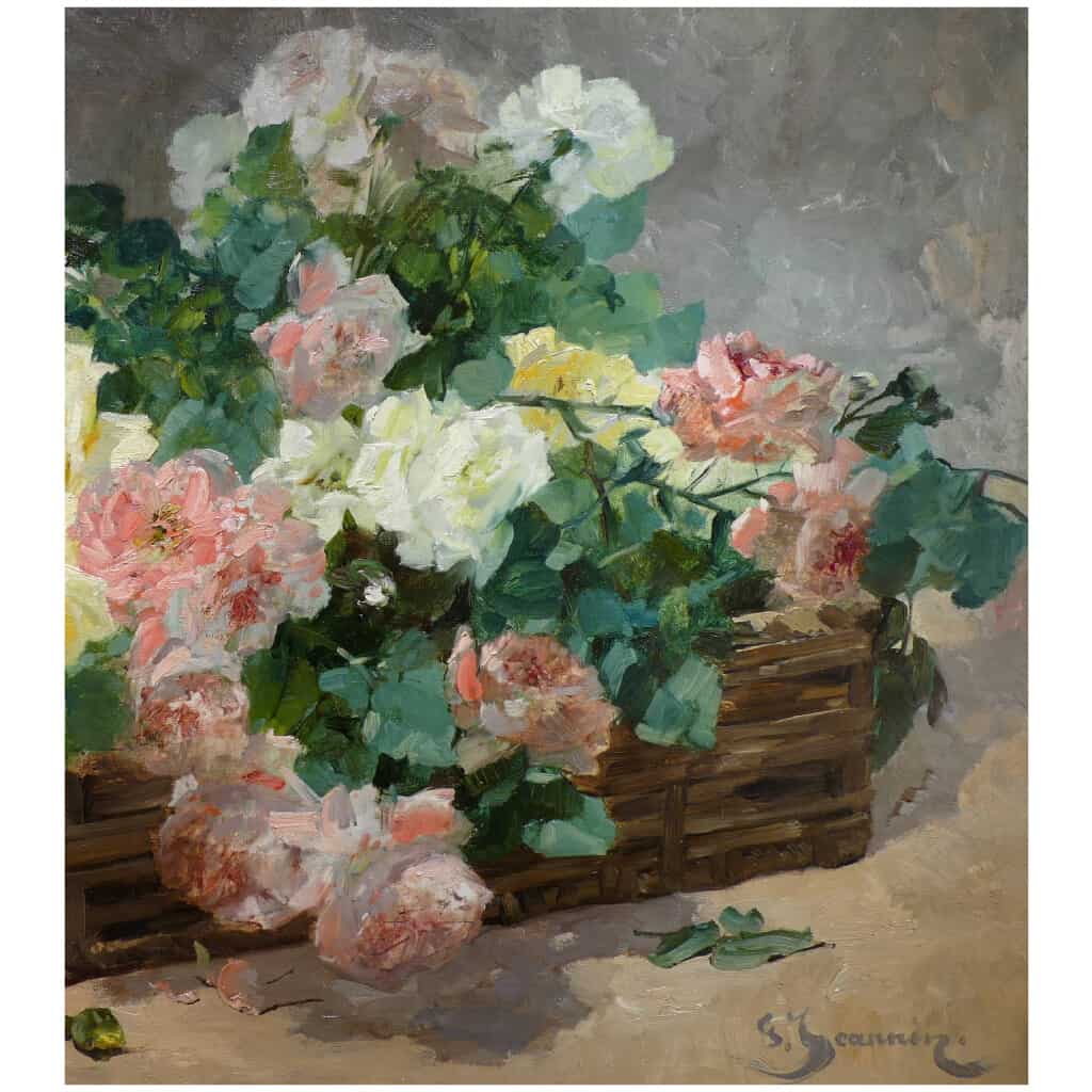 JEANNIN Georges French painting 19th century Basket of roses Oil on canvas signed 14