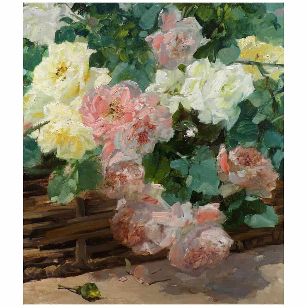 JEANNIN Georges French painting 19th century Basket of roses Oil on canvas signed 15