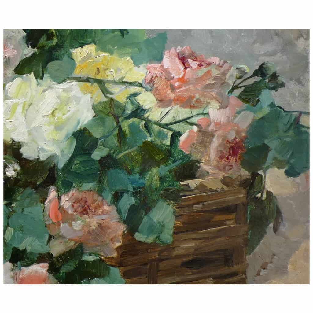 JEANNIN Georges French painting 19th century Basket of roses Oil on canvas signed 16