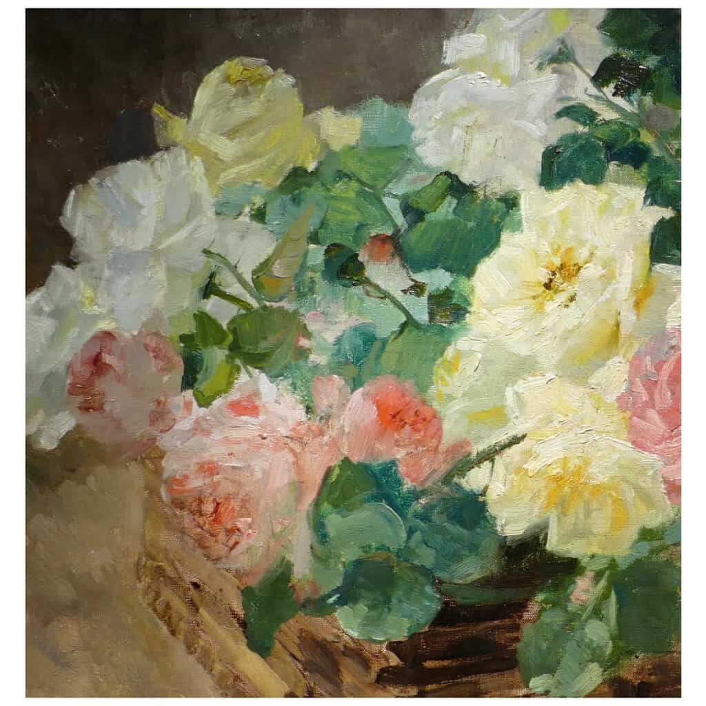 JEANNIN Georges Peinture Française 19è siècle Panier de roses Huile sur toile signée 9