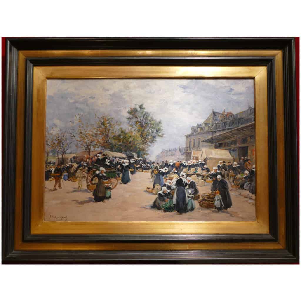 Legout Gerard French School Breton Painting XIXè Market in Rostrenen Oil Canvas Signed 3