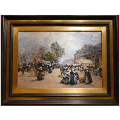 Legout Gerard French School Breton Painting XIXè Market in Rostrenen Oil Canvas Signed