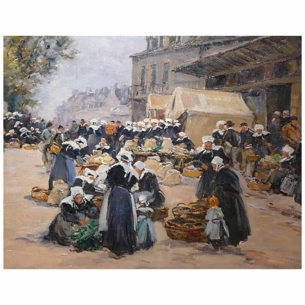 Legout Gerard Ecole Française Peinture Bretonne XIXè Marché à Rostrenen Huile Toile Signée 5