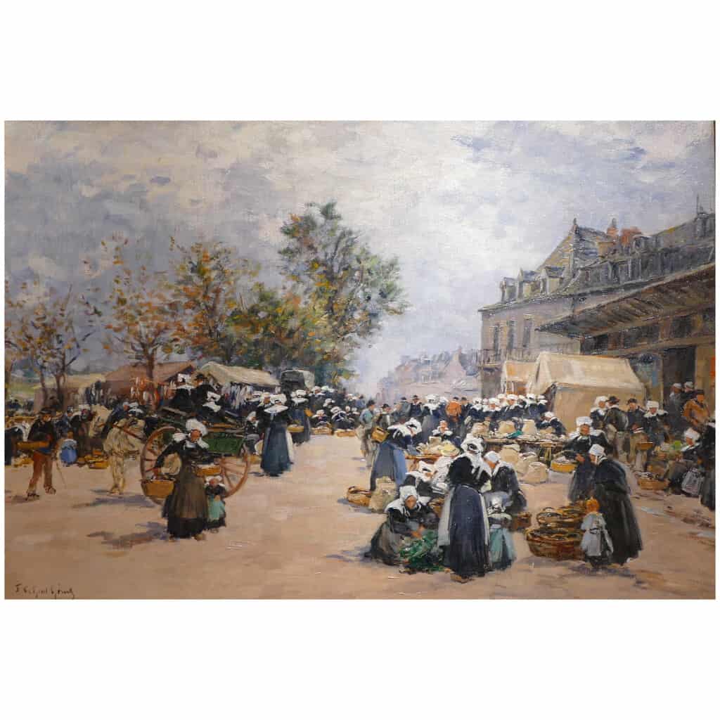 Legout Gerard Ecole Française Peinture Bretonne XIXè Marché à Rostrenen Huile Toile Signée 4