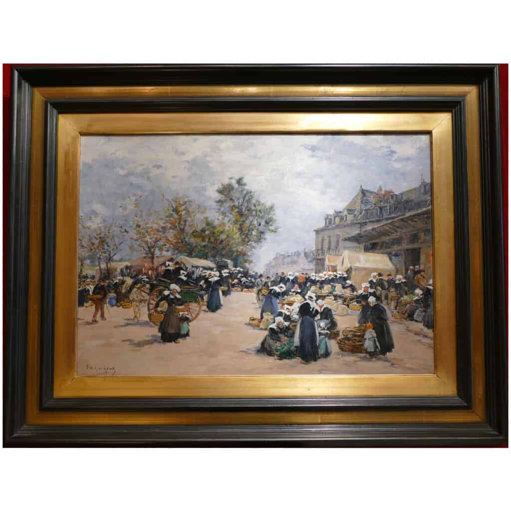 Legout Gerard French School Breton Painting XIXè Market in Rostrenen Oil Canvas Signed 13