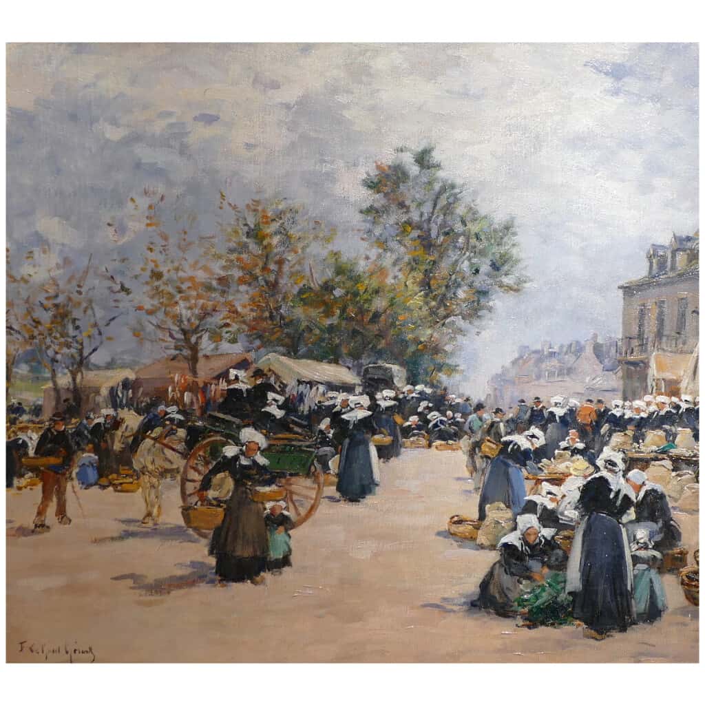Legout Gerard French School Breton Painting XIXè Market in Rostrenen Oil Canvas Signed 15