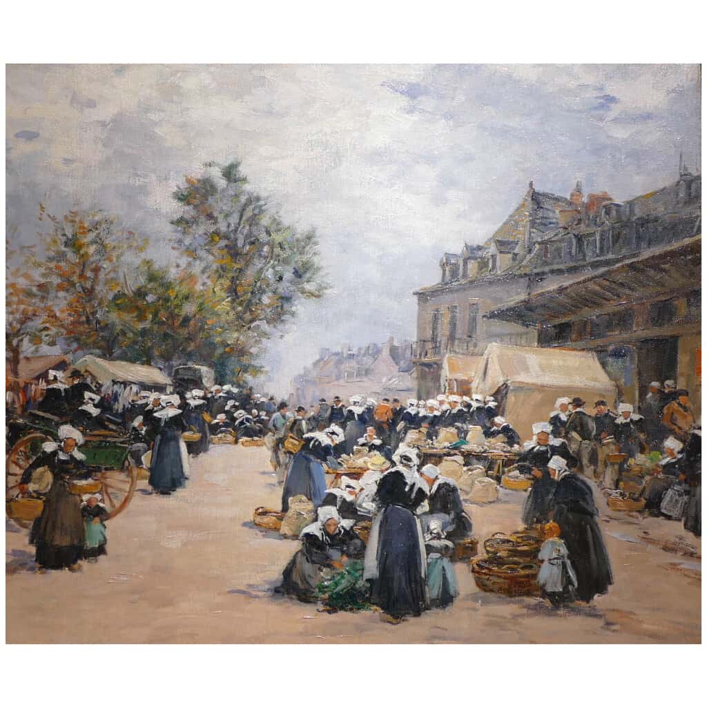 Legout Gerard French School Breton Painting XIXè Market in Rostrenen Oil Canvas Signed 10