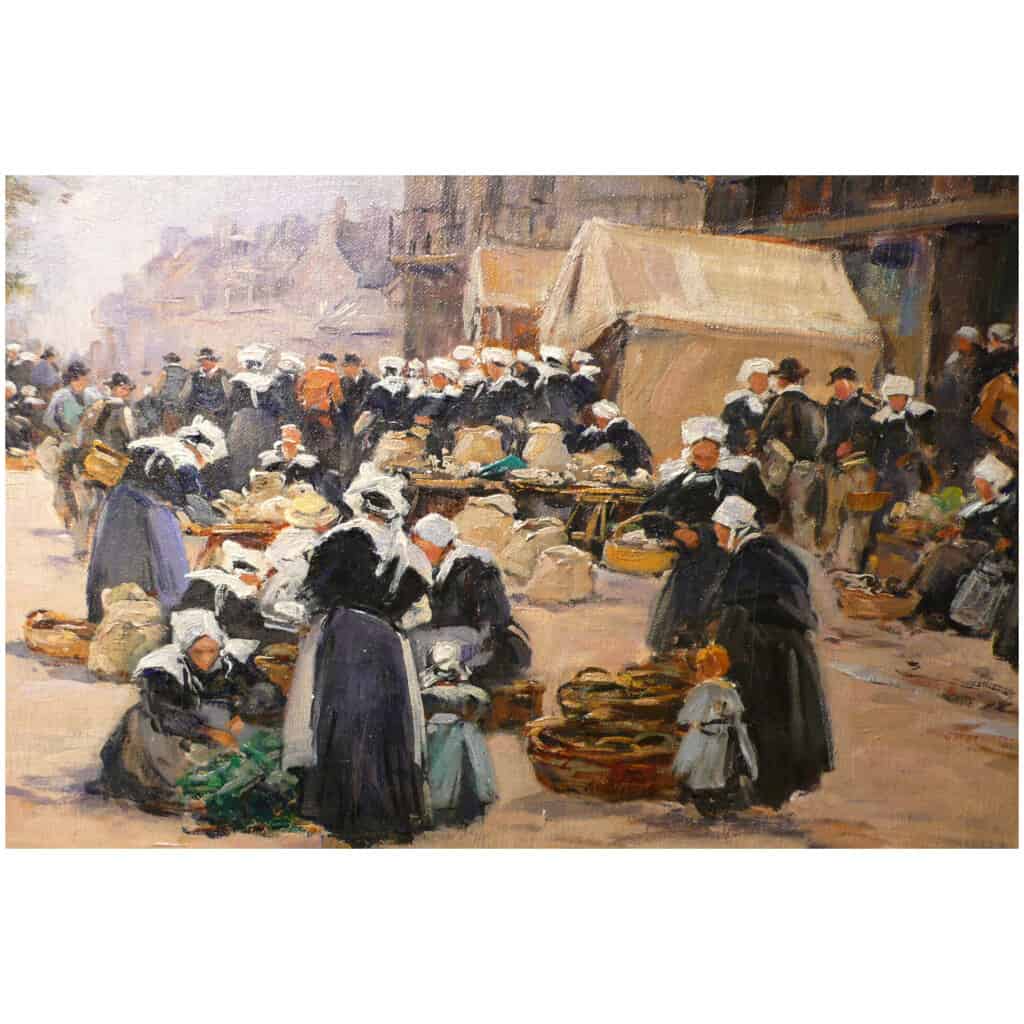Legout Gerard French School Breton Painting XIXè Market in Rostrenen Oil Canvas Signed 9