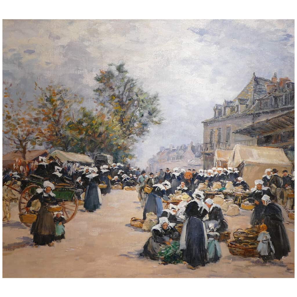 Legout Gerard French School Breton Painting XIXè Market in Rostrenen Oil Canvas Signed 8