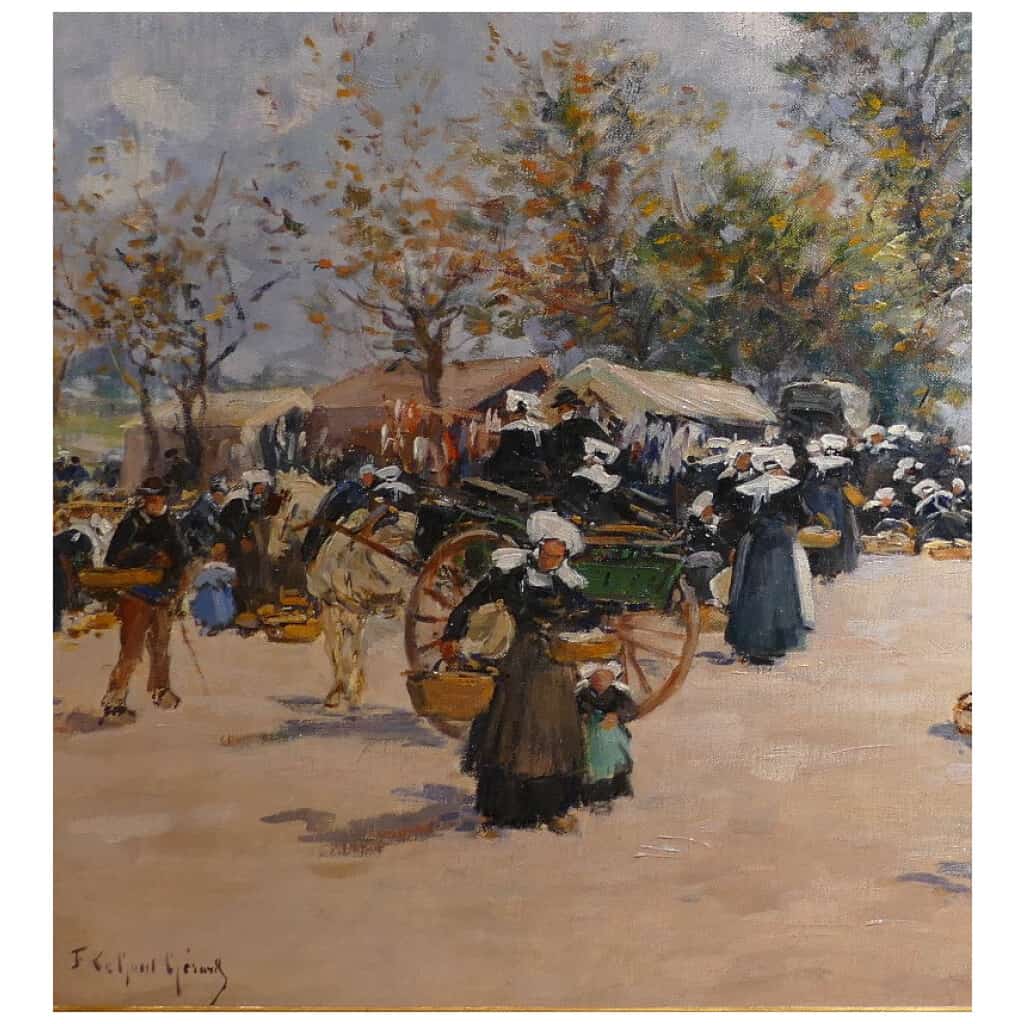 Legout Gerard Ecole Française Peinture Bretonne XIXè Marché à Rostrenen Huile Toile Signée 7