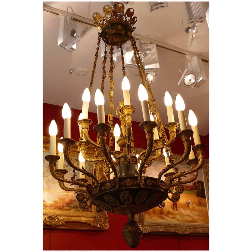 Important 18-light Empire chandelier in chiseled and gilded bronze 14