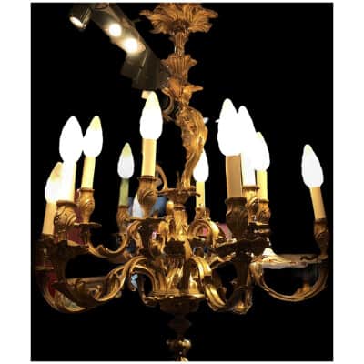 LUSTRE Rocaille de style LOUIS XV d’époque Napoleon III Suspension 19ème siècle en bronze doré 12 lumières