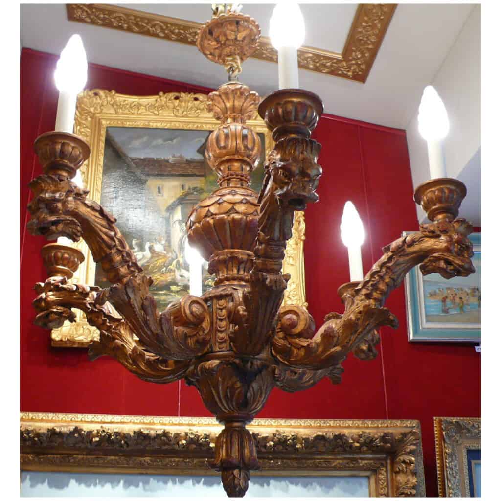 CHANDELIER IN SCULPTED WOOD SIX BRANCHES OF STYLE LIGHTS XVII7nd CENTURY