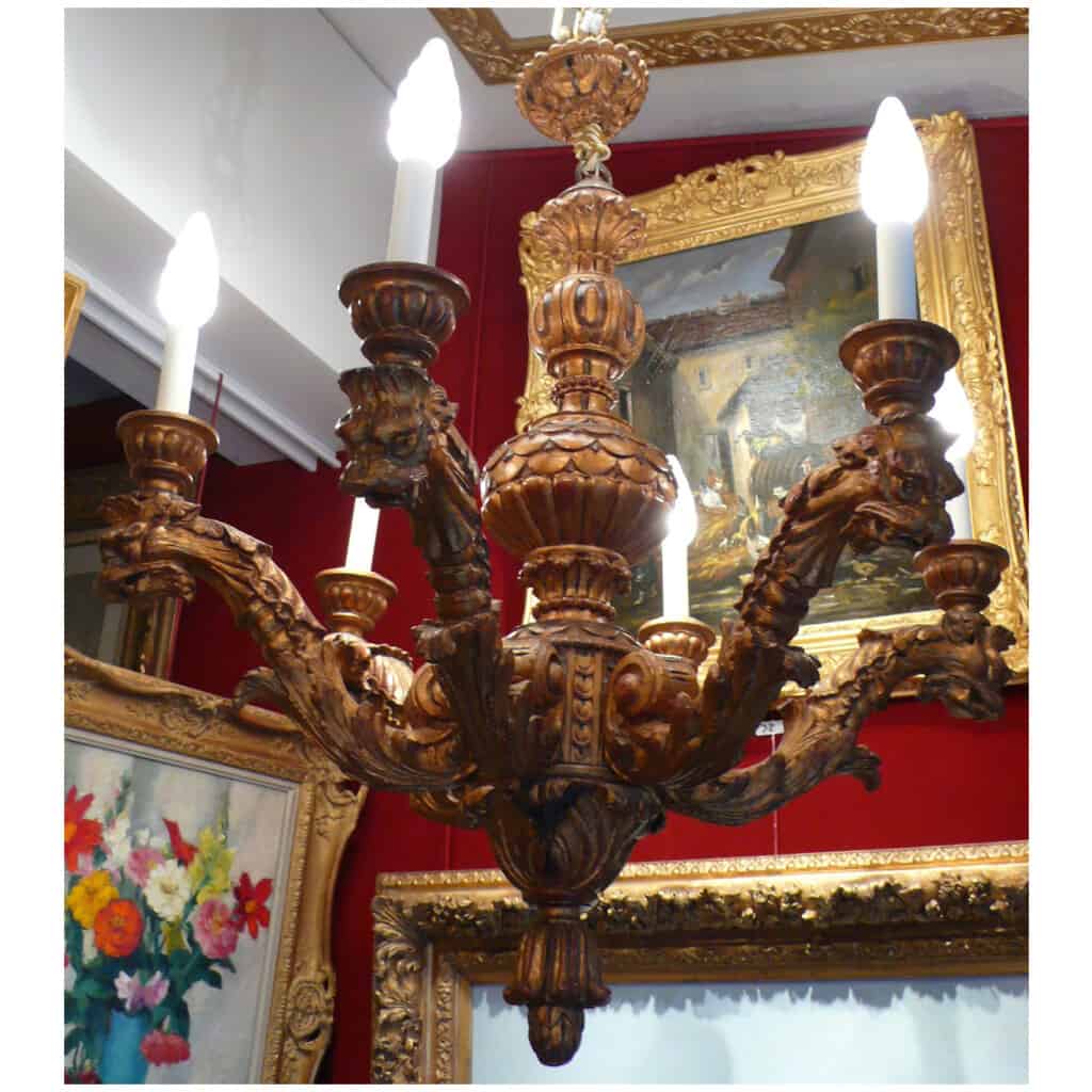 CHANDELIER IN SCULPTED WOOD SIX BRANCHES OF STYLE LIGHTS XVII6nd CENTURY