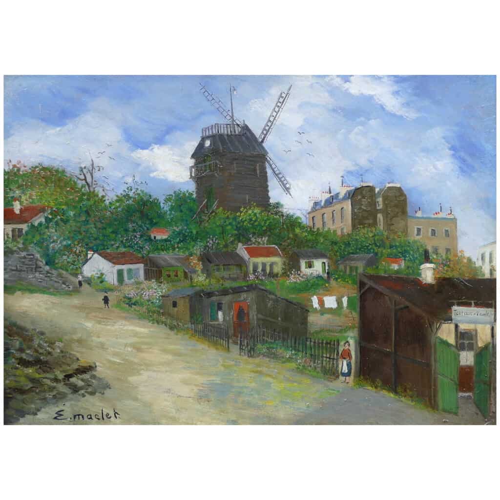 Elisée MACLET Tableau Français 20ème siècle Paris Montmartre Moulin de La Galette Le maquis Huile Signée 6