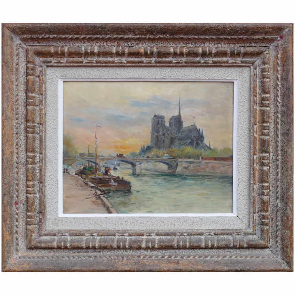 Madelain Gustave Impressionist Painting Twentieth Century Barges Paris Oil Signed On The Back 3