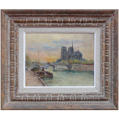 Madelain Gustave Tableau Impressionniste XXè Siècle Péniches Paris Huile Signée Au Dos
