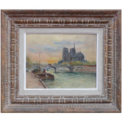 Madelain Gustave Impressionist Painting Twentieth Century Barges Paris Oil Signed On The Back