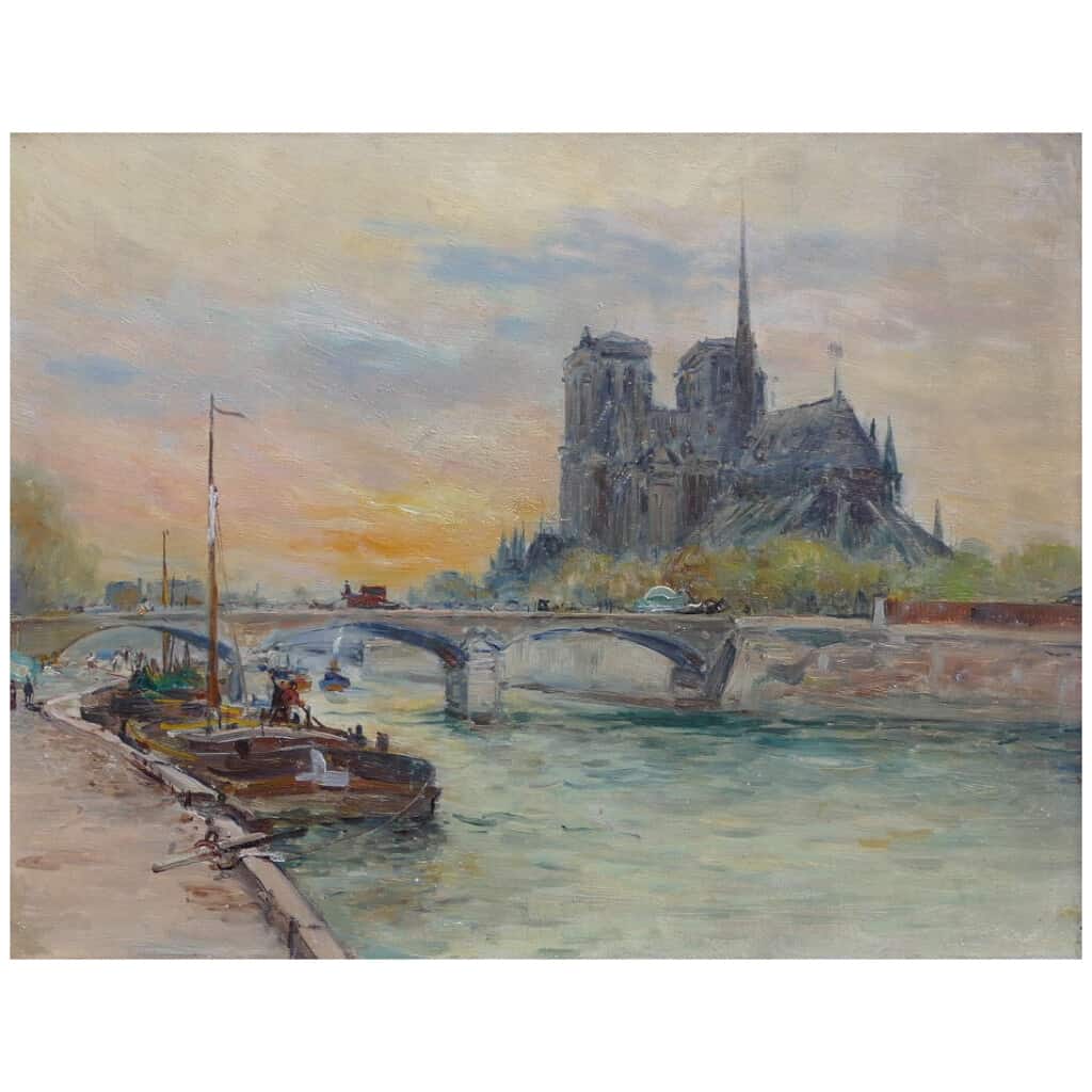 Madelain Gustave Impressionist Painting Twentieth Century Barges Paris Oil Signed On The Back 11