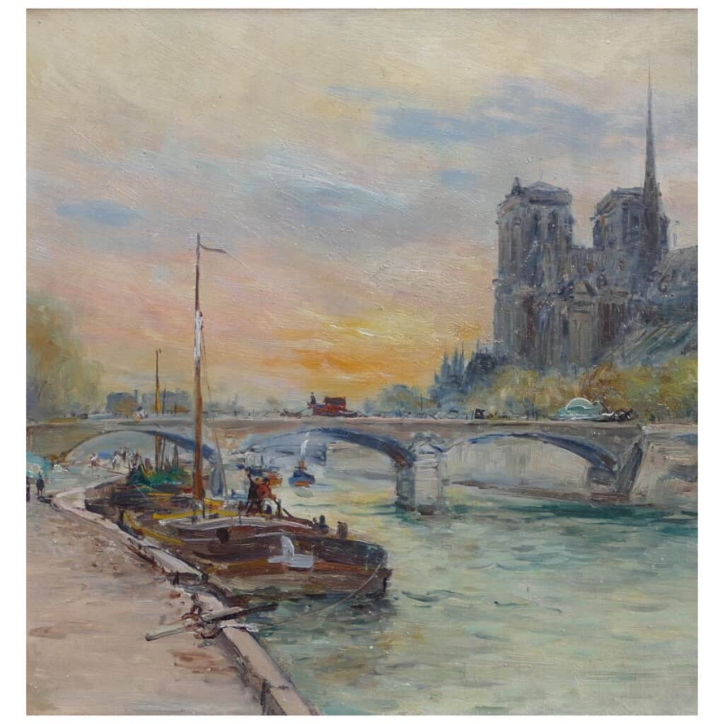 Madelain Gustave Impressionist Painting Twentieth Century Barges Paris Oil Signed On The Back 10