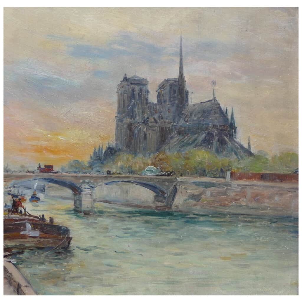 Madelain Gustave Impressionist Painting Twentieth Century Barges Paris Oil Signed On The Back 9