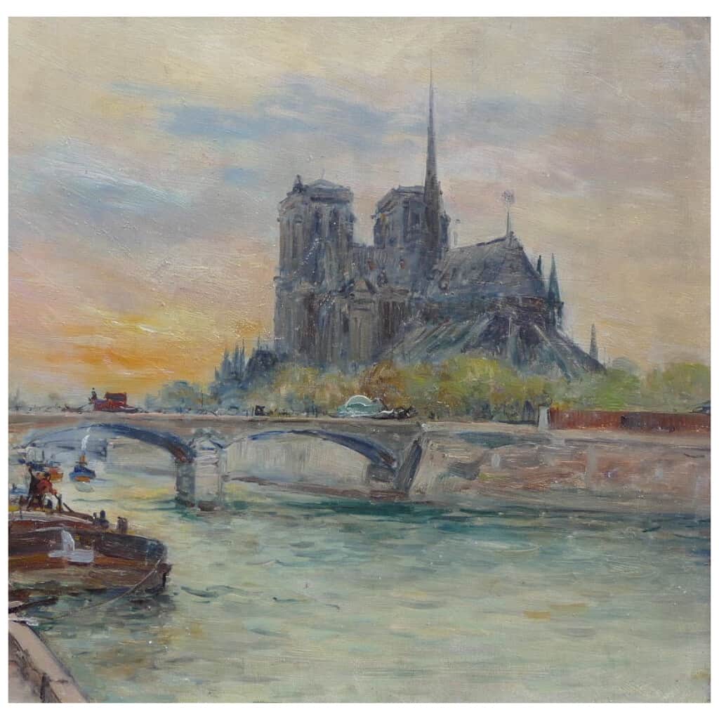 Madelain Gustave Tableau Impressionniste XXè Siècle Péniches Paris Huile Signée Au Dos 9