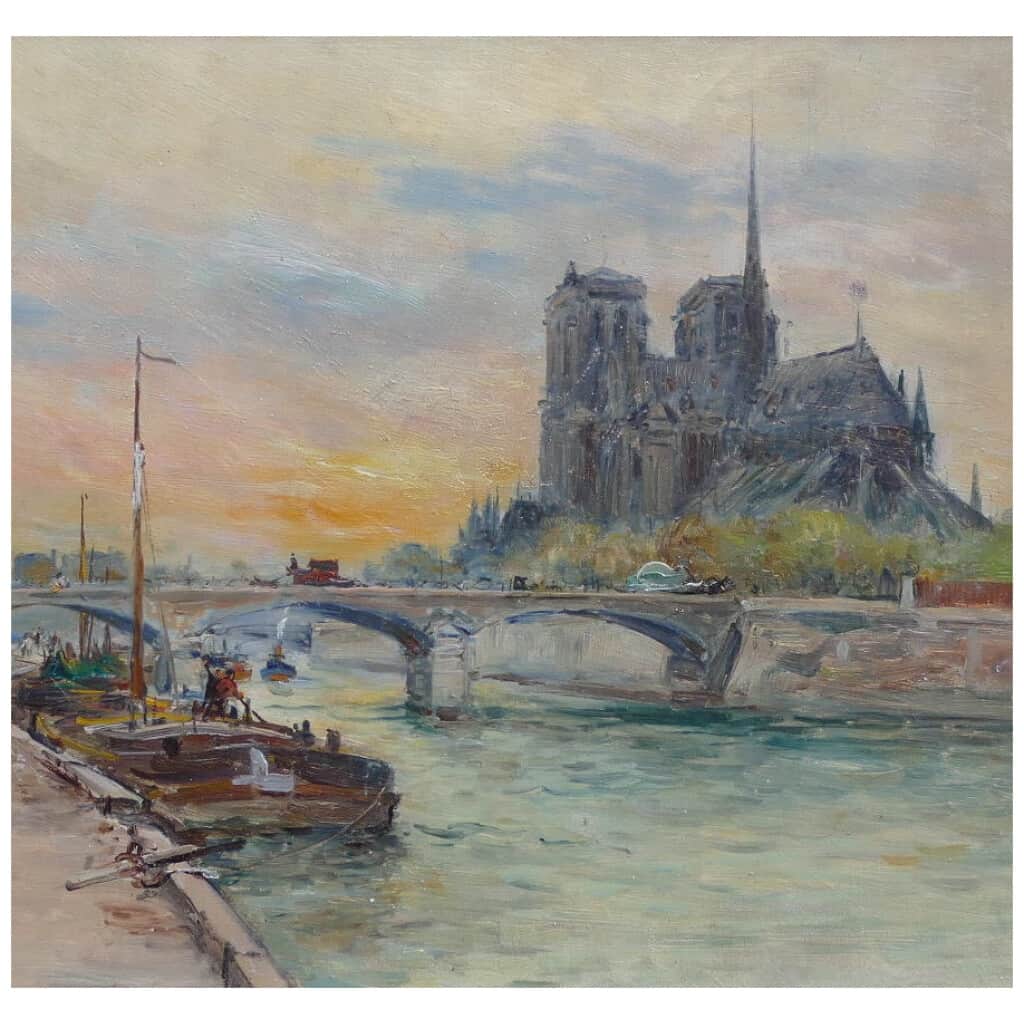 MADELAIN Gustave tableau impressionniste XXè siècle péniches Paris huile signée au dos 8