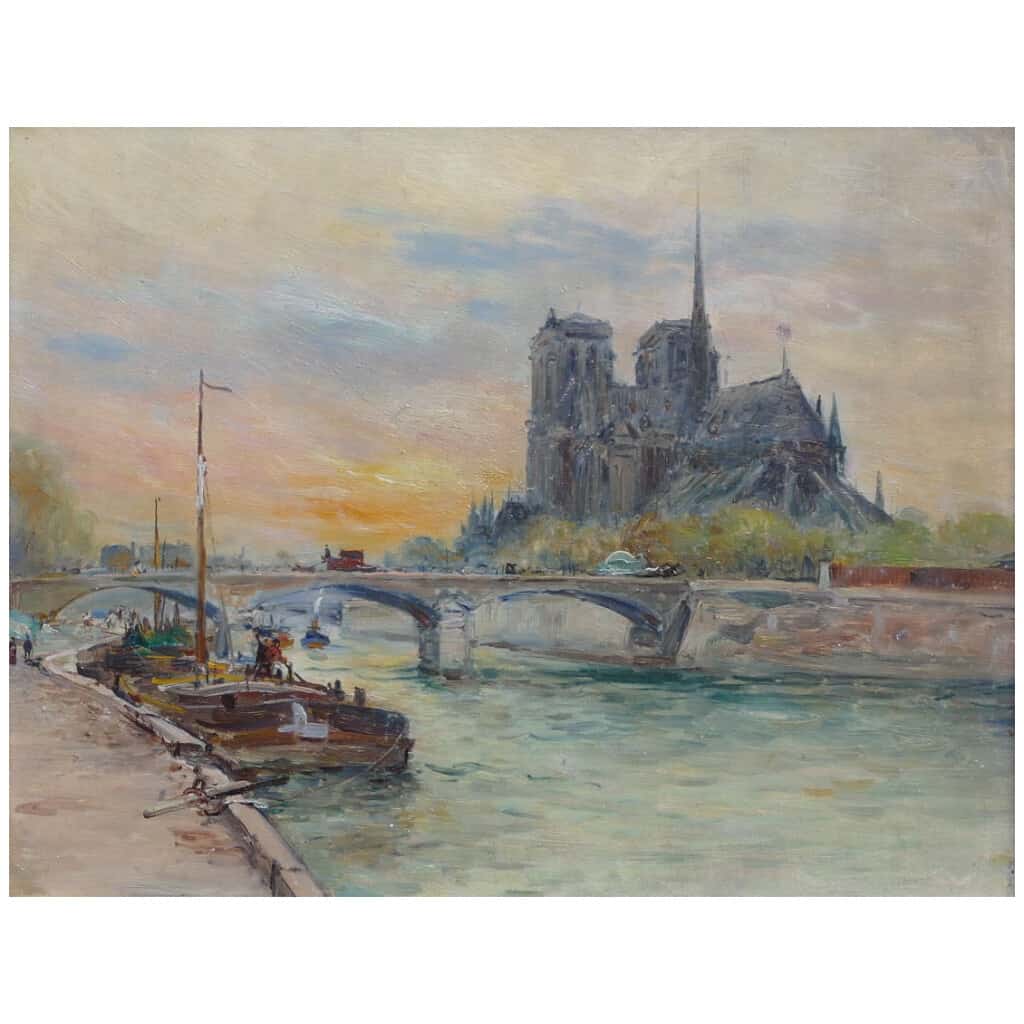 Madelain Gustave Impressionist Painting Twentieth Century Barges Paris Oil Signed On The Back 7