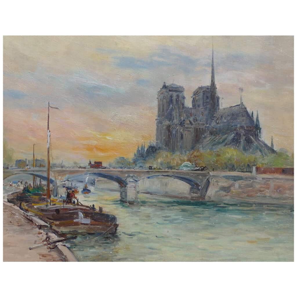 Madelain Gustave Impressionist Painting Twentieth Century Barges Paris Oil Signed On The Back 6