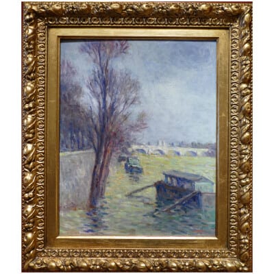 LUCE Maximilien Peinture postimpressionniste début 20è siècle Paris, les inondations près du Pont Neuf vers 1910 Huile sur toile marouflée sur carton