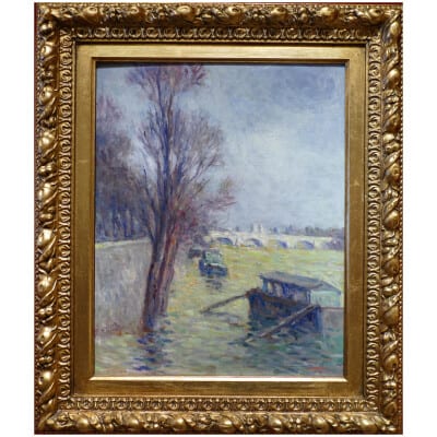 LUCE Maximilien Post-Impressionist painting at the beginning of the 20th century Paris, the floods near the Pont Neuf around 1910 Oil on canvas mounted on cardboard