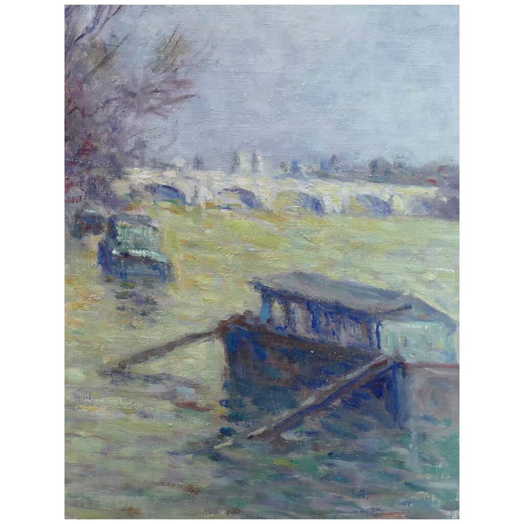 LUCE Maximilien Peinture postimpressionniste début 20è siècle Paris, les inondations près du Pont Neuf vers 1910 Huile sur toile marouflée sur carton 14