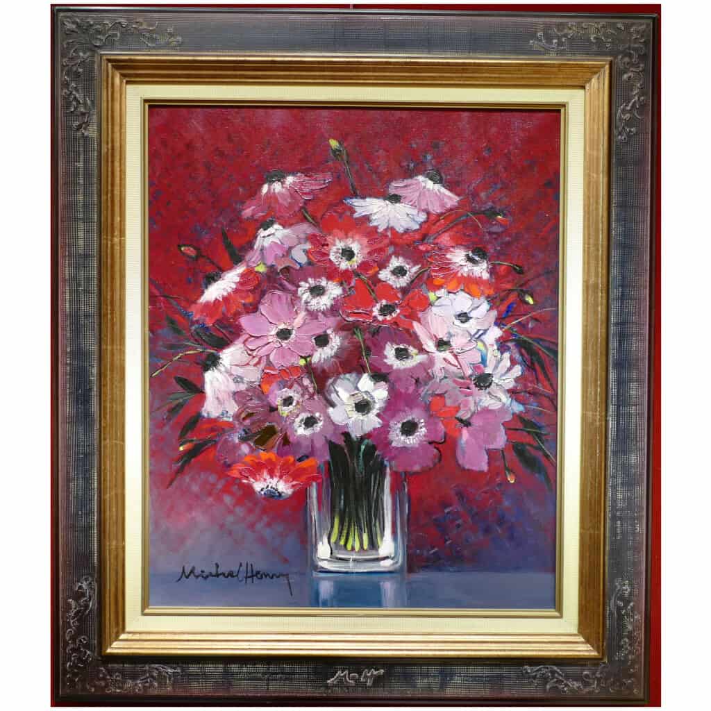 MICHEL HENRY TABLE 20TH CENTURY ANEMONES OF FRANCE OIL ON CANVAS SIGNED MODERN ART 3