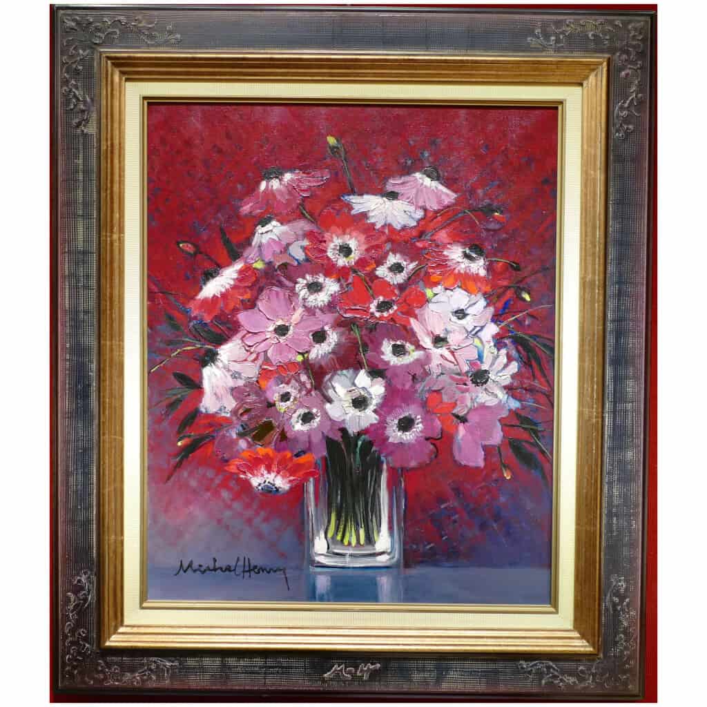 MICHEL HENRY TABLE 20TH CENTURY ANEMONES OF FRANCE OIL ON CANVAS SIGNED MODERN ART 4