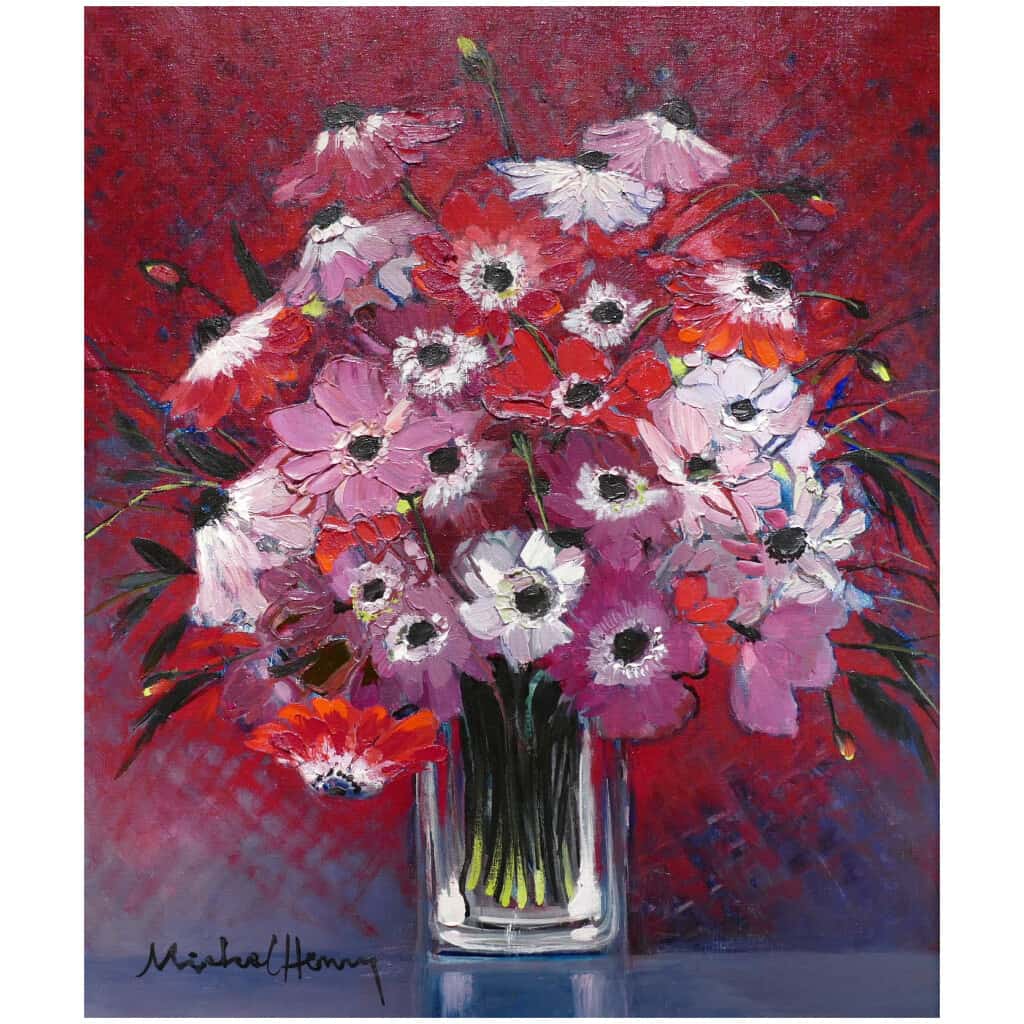 MICHEL HENRY TABLE 20TH CENTURY ANEMONES OF FRANCE OIL ON CANVAS SIGNED MODERN ART 6