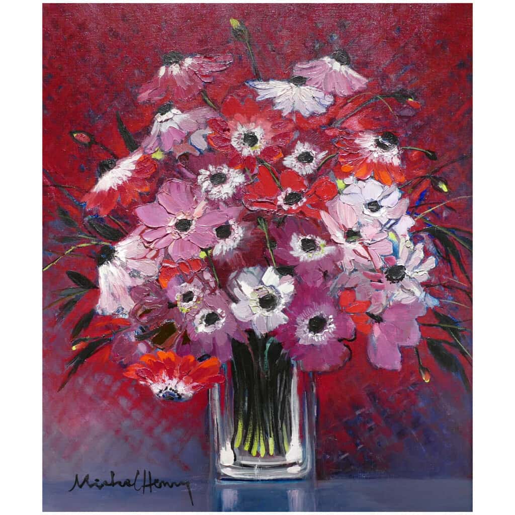 MICHEL HENRY TABLEAU 20 è SIECLE ANEMONES DE FRANCE HUILE SUR TOILE SIGNEE ART MODERNE 6