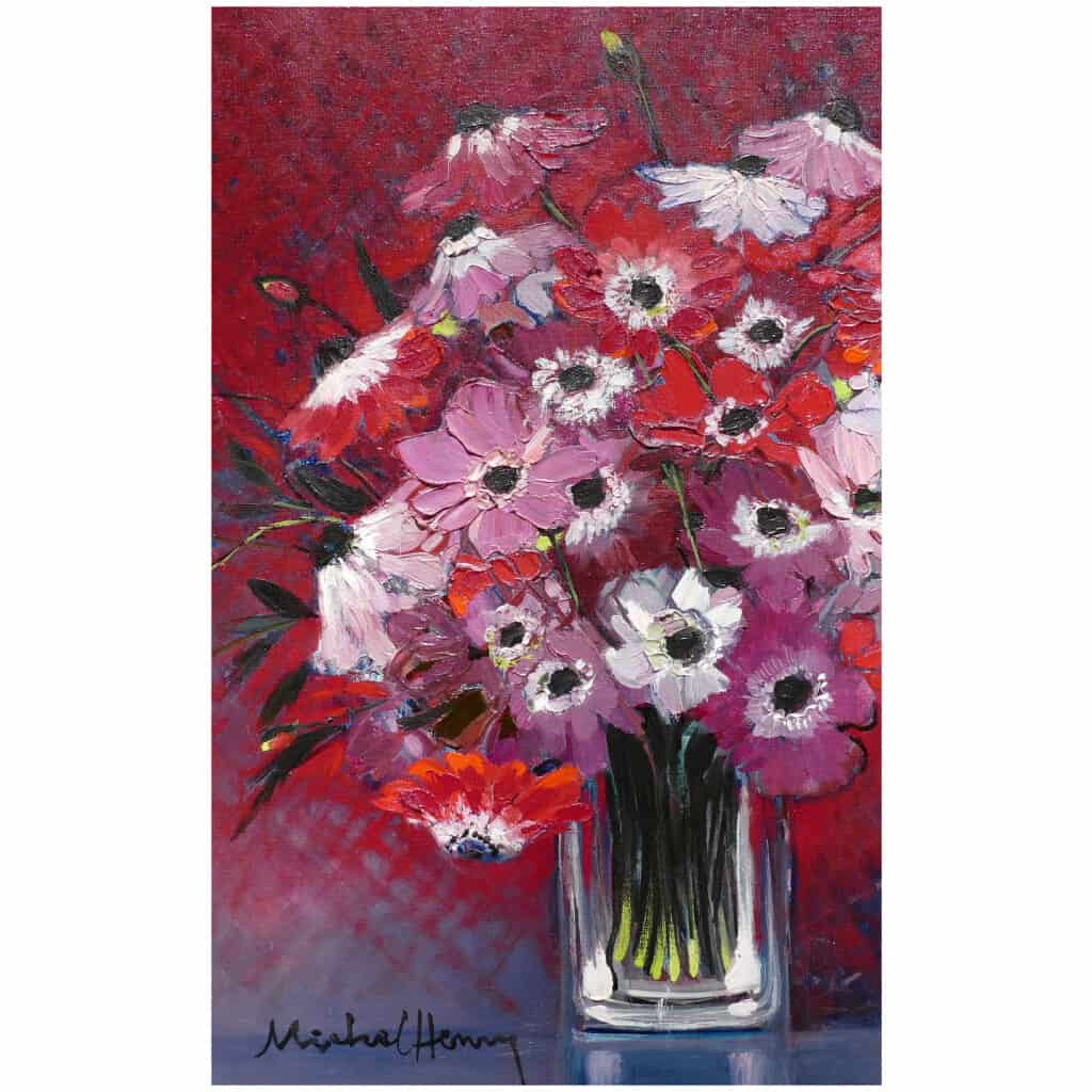 MICHEL HENRY TABLE 20TH CENTURY ANEMONES OF FRANCE OIL ON CANVAS SIGNED MODERN ART 5