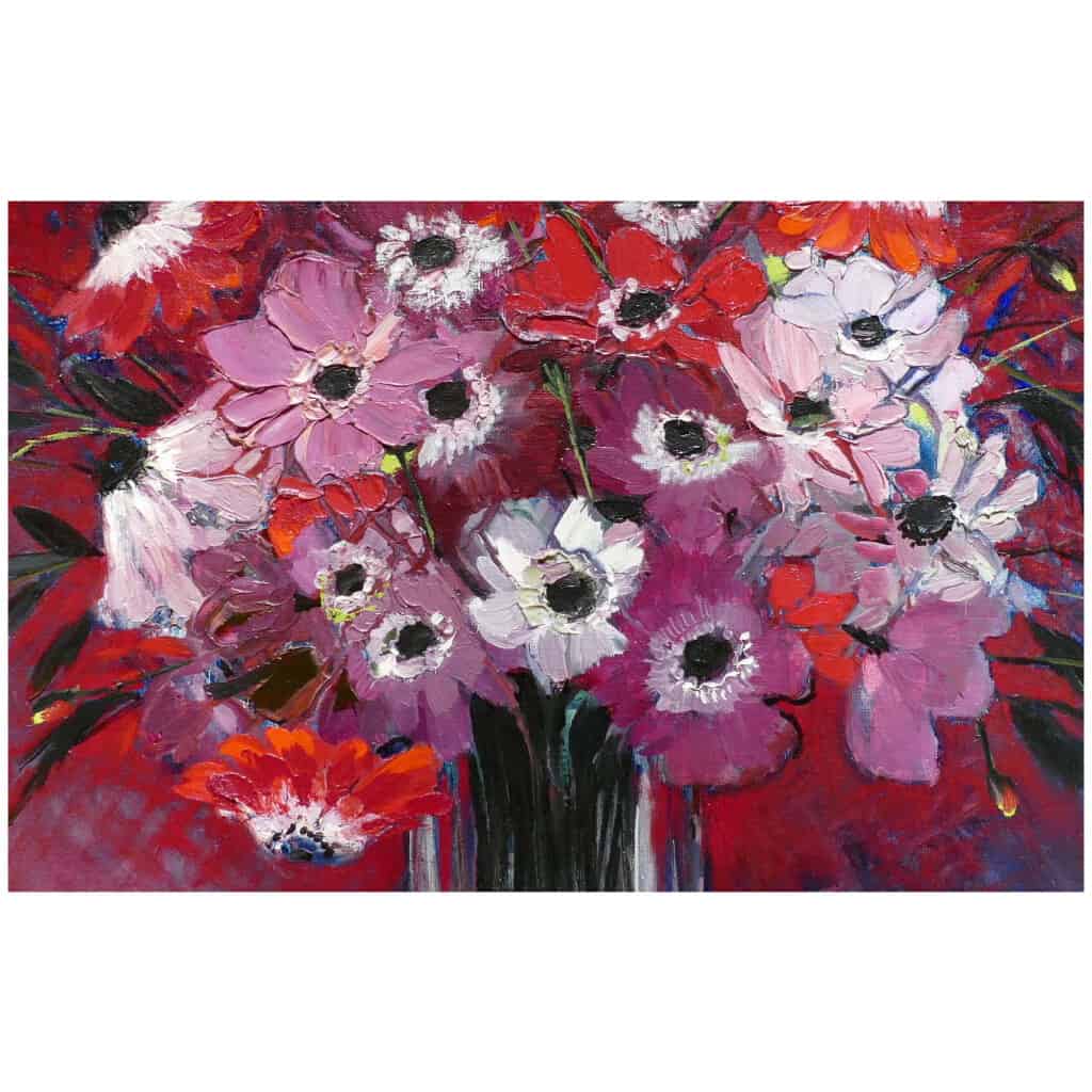 MICHEL HENRY TABLE 20TH CENTURY ANEMONES OF FRANCE OIL ON CANVAS SIGNED MODERN ART 12