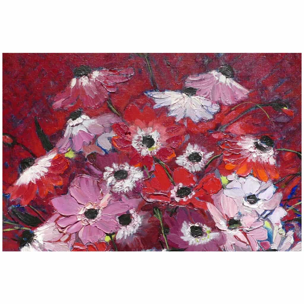 MICHEL HENRY TABLE 20TH CENTURY ANEMONES OF FRANCE OIL ON CANVAS SIGNED MODERN ART 10