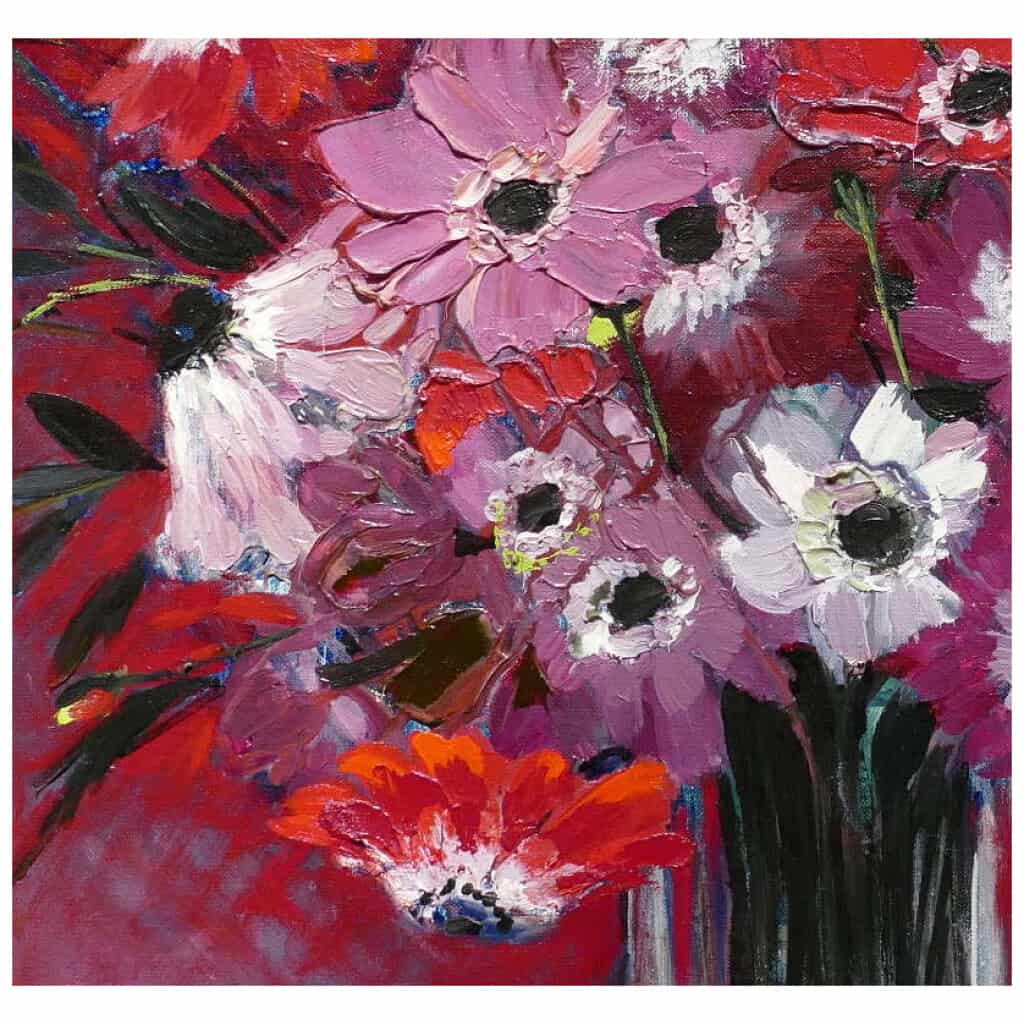 MICHEL HENRY TABLE 20TH CENTURY ANEMONES OF FRANCE OIL ON CANVAS SIGNED MODERN ART 8
