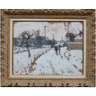 MONTEZIN Pierre Eugène Peinture 20ème siècle Neige à St Germain sur Avre Tableau postimpressionniste Huile sur papier marouflée sur toile signée