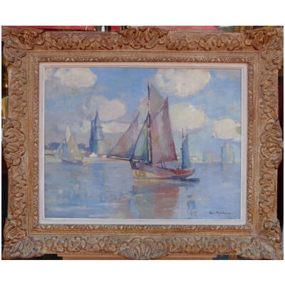 MORCHAIN Paul Peinture 20è Bateaux de pêche sortant du port de La Rochelle Huile signée