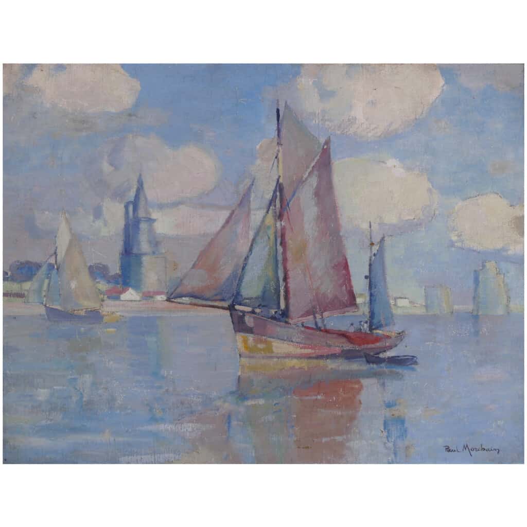 MORCHAIN Paul Peinture 20è Bateaux de pêche sortant du port de La Rochelle Huile signée 4