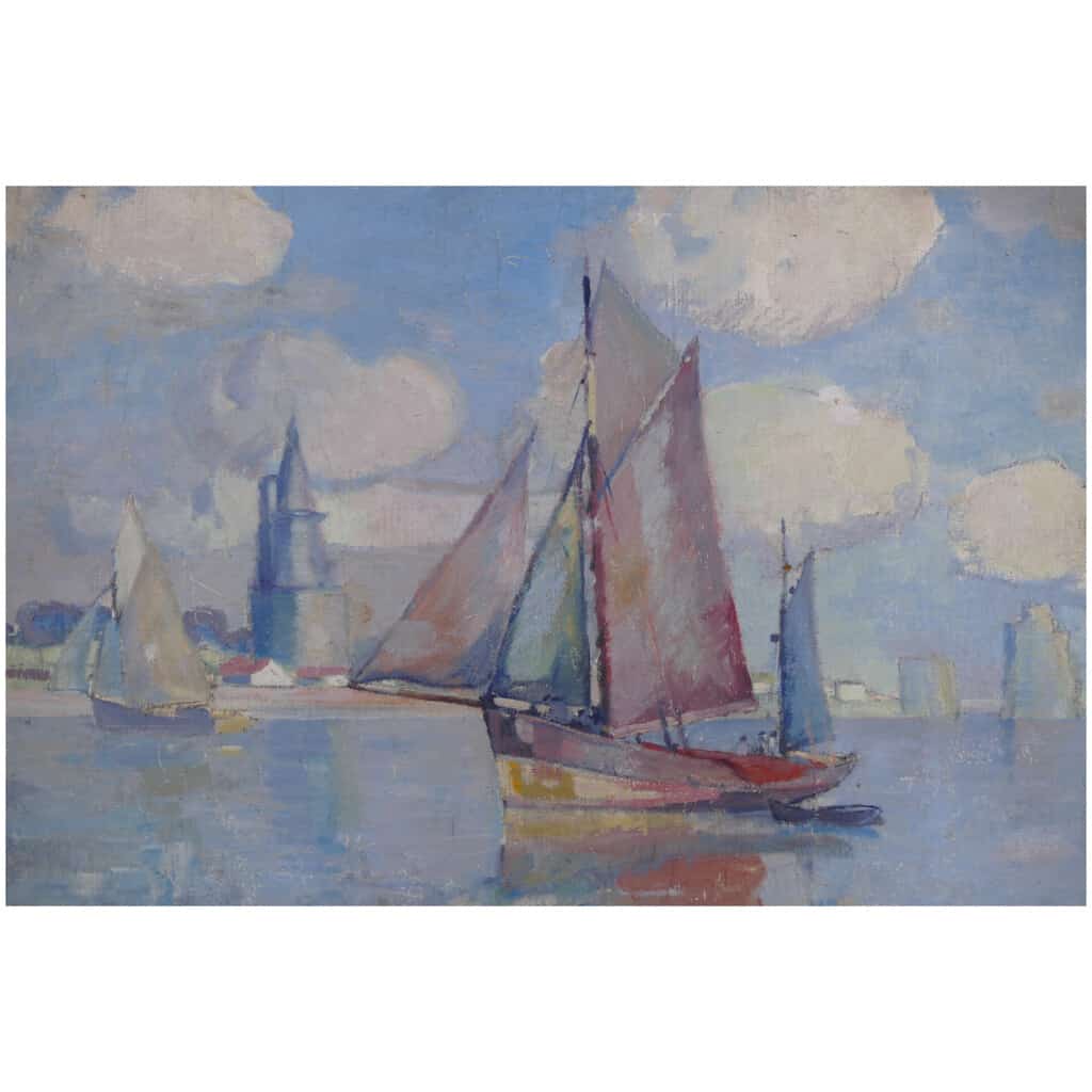 MORCHAIN Paul Peinture 20è Bateaux de pêche sortant du port de La Rochelle Huile signée 5