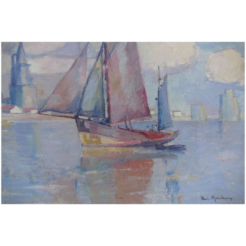 MORCHAIN Paul Peinture 20è Bateaux de pêche sortant du port de La Rochelle Huile signée 6