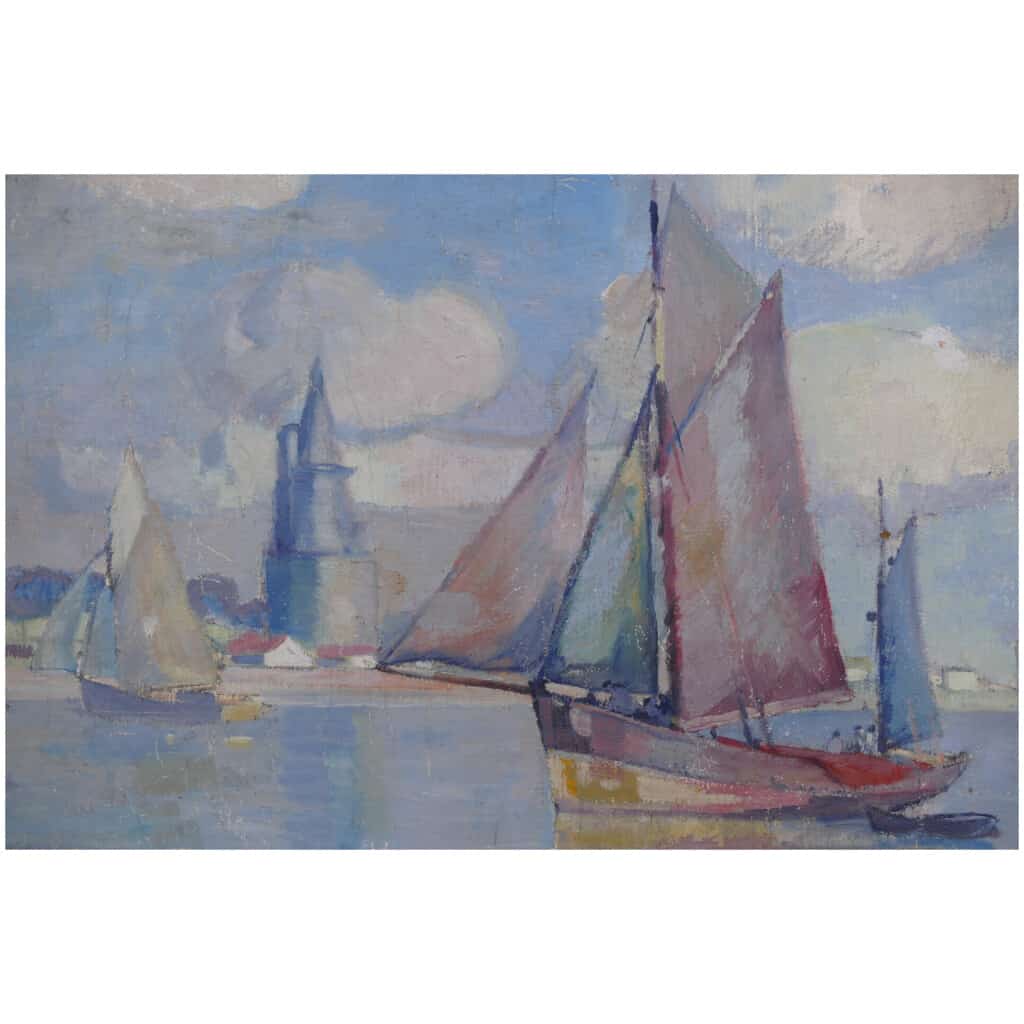 MORCHAIN Paul Peinture 20è Bateaux de pêche sortant du port de La Rochelle Huile signée 7