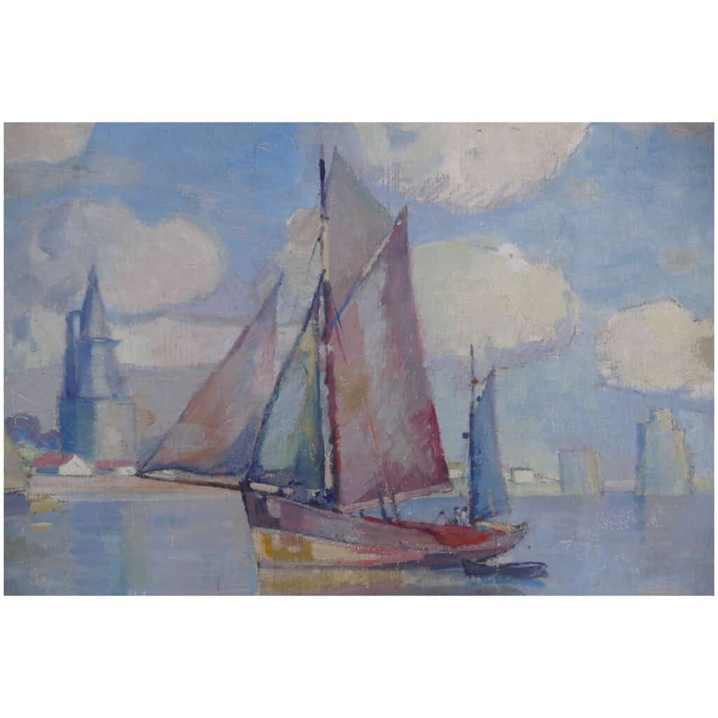MORCHAIN Paul Peinture 20è Bateaux de pêche sortant du port de La Rochelle Huile signée 8