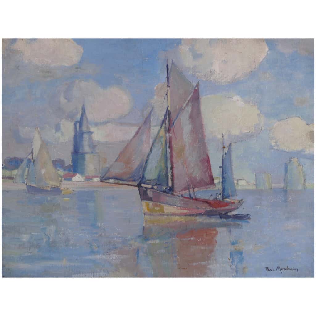MORCHAIN Paul Peinture 20è Bateaux de pêche sortant du port de La Rochelle Huile signée 9